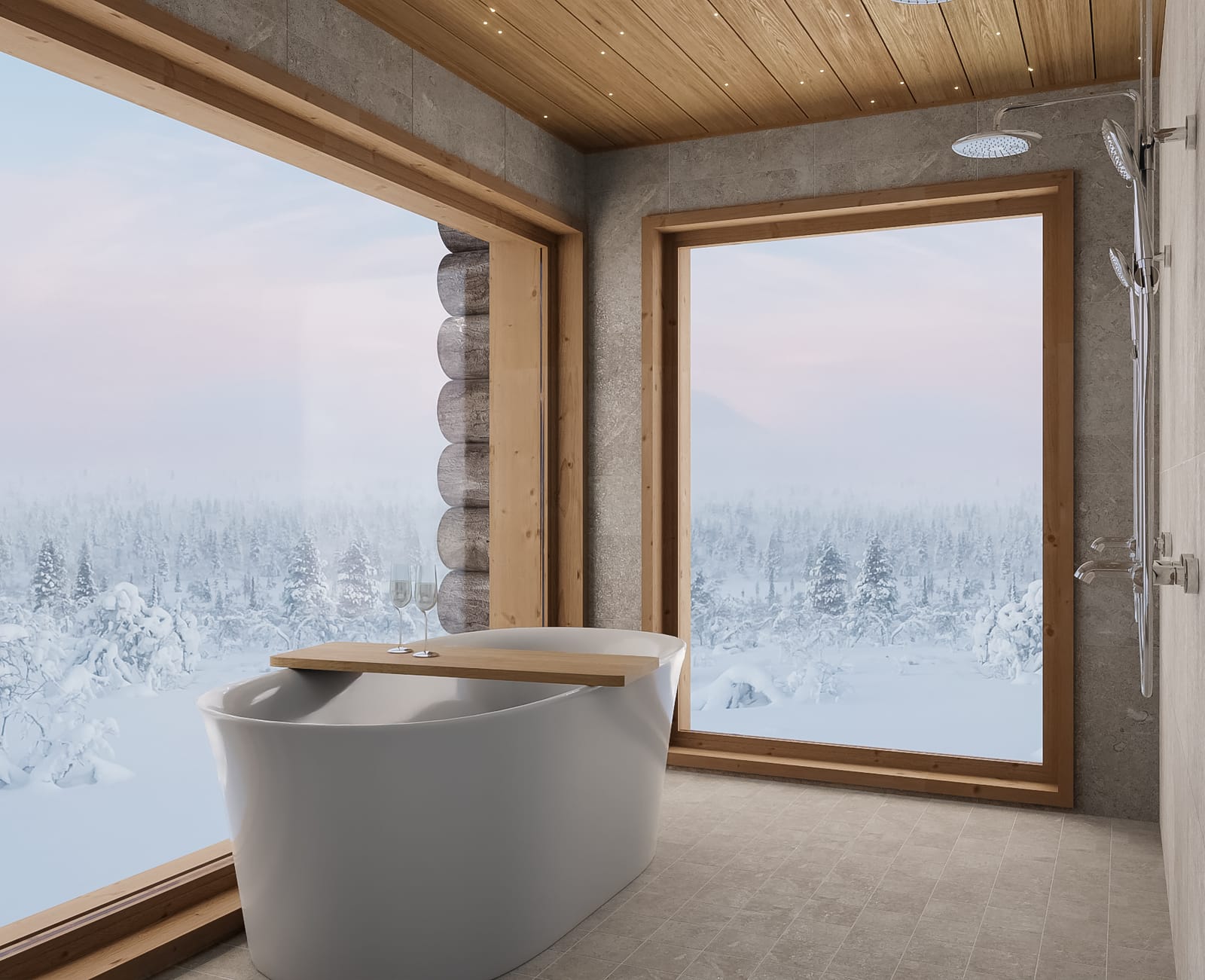 Freestanding bathtub before floor-to-ceiling windows onto snowy Lapland forest