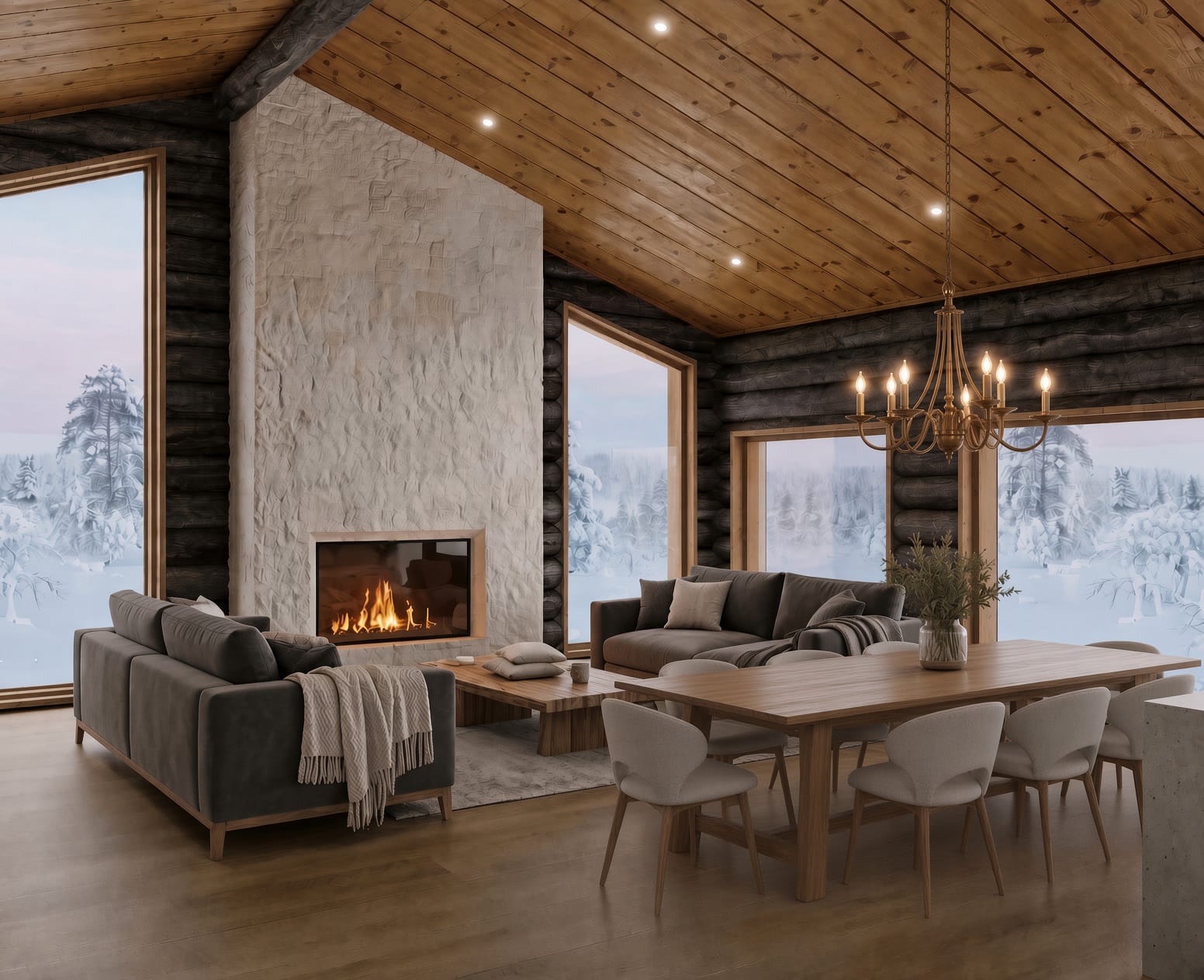 The great room at AIKA, a private log lodge in Finnish Lapland: a stone fireplace beneath a vaulted timber ceiling, windows onto snowy forest