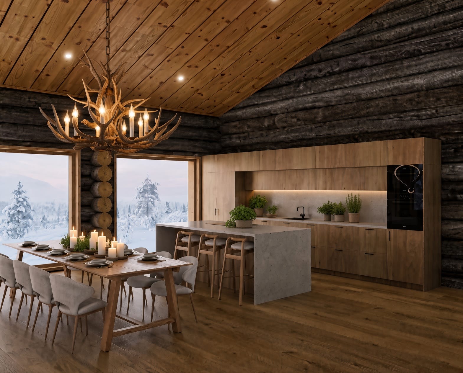 Open kitchen with antler chandelier and candlelit dining table