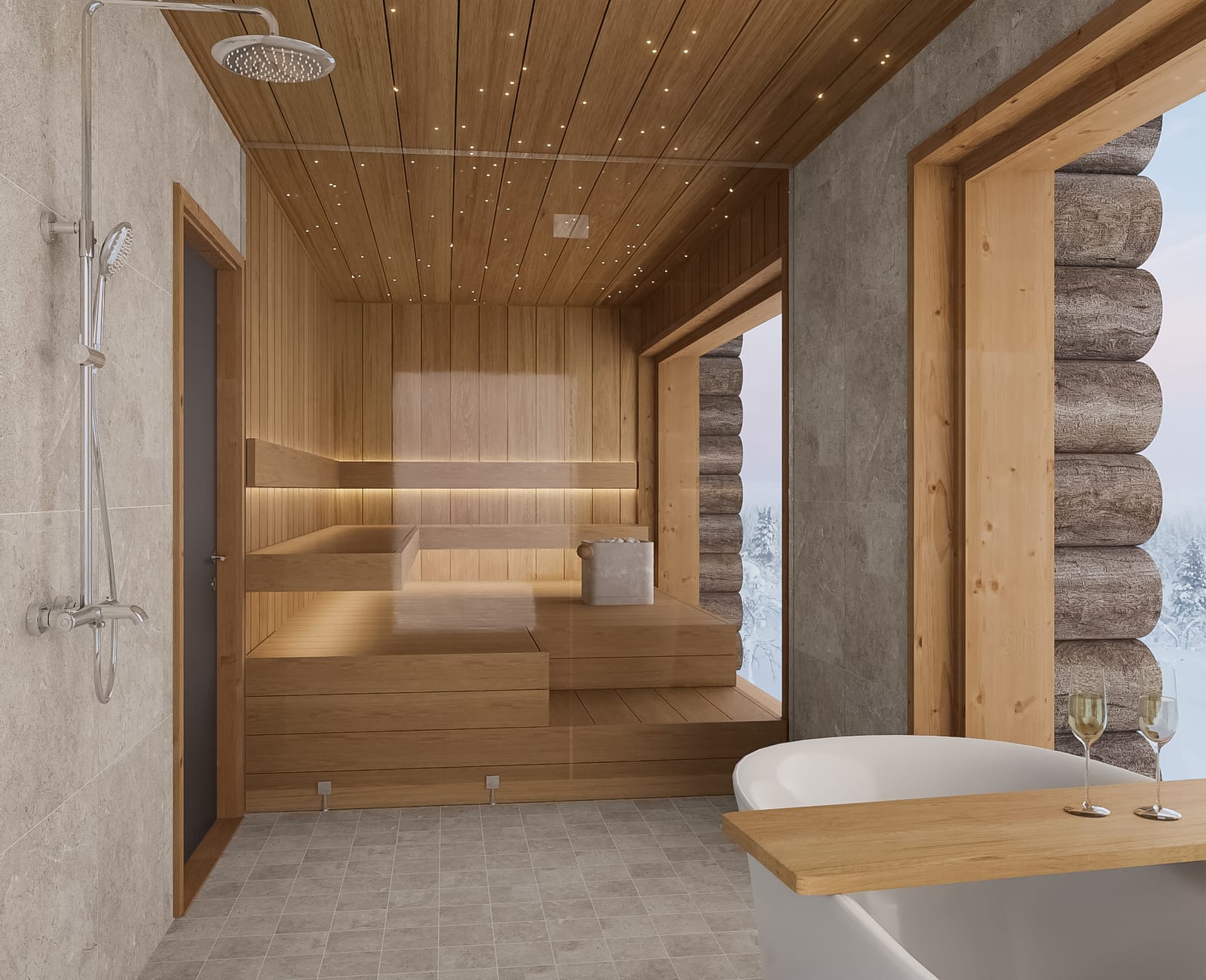 Private panoramic sauna with a wall of glass over the Arctic valley