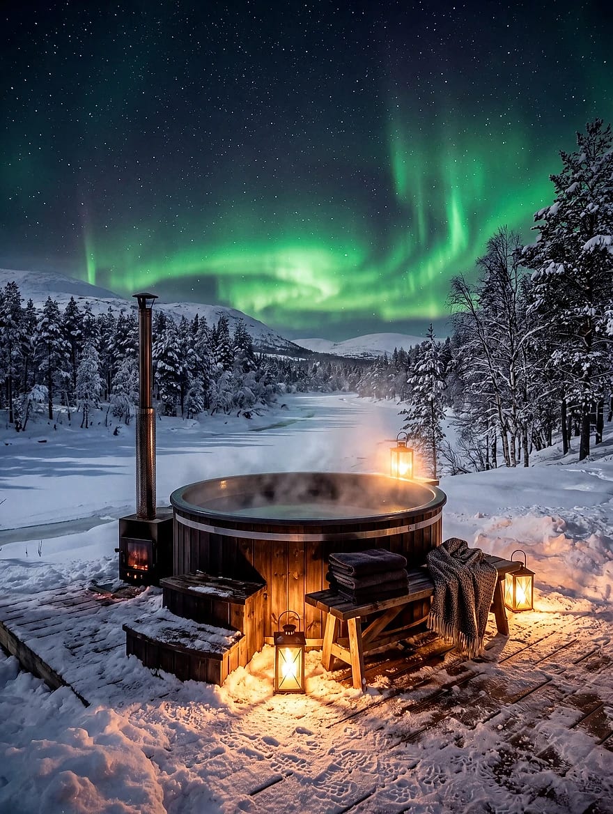 Outdoor hot tub steaming beneath the northern lights