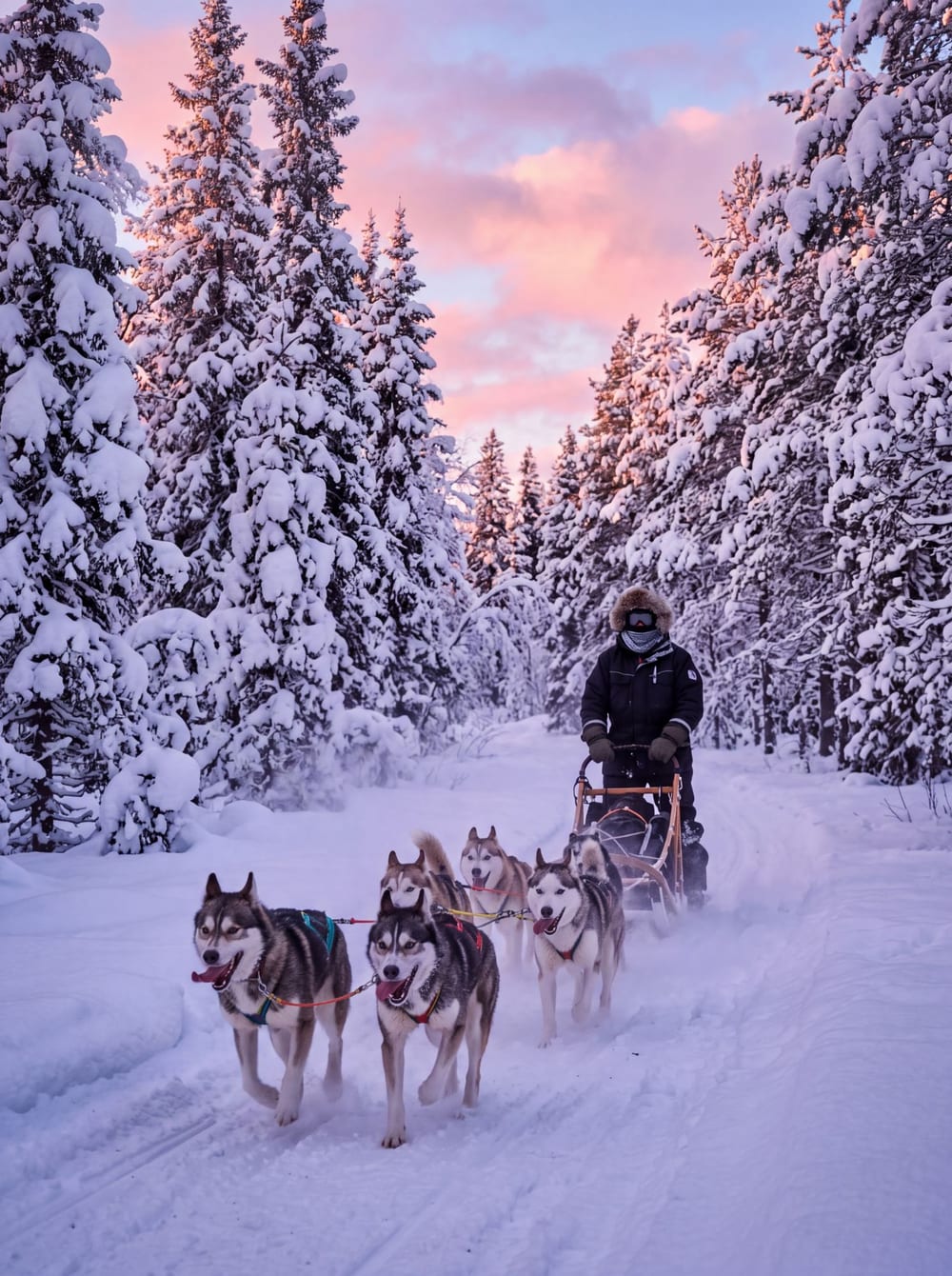A husky team pulling a sled through snowy forest at dusk