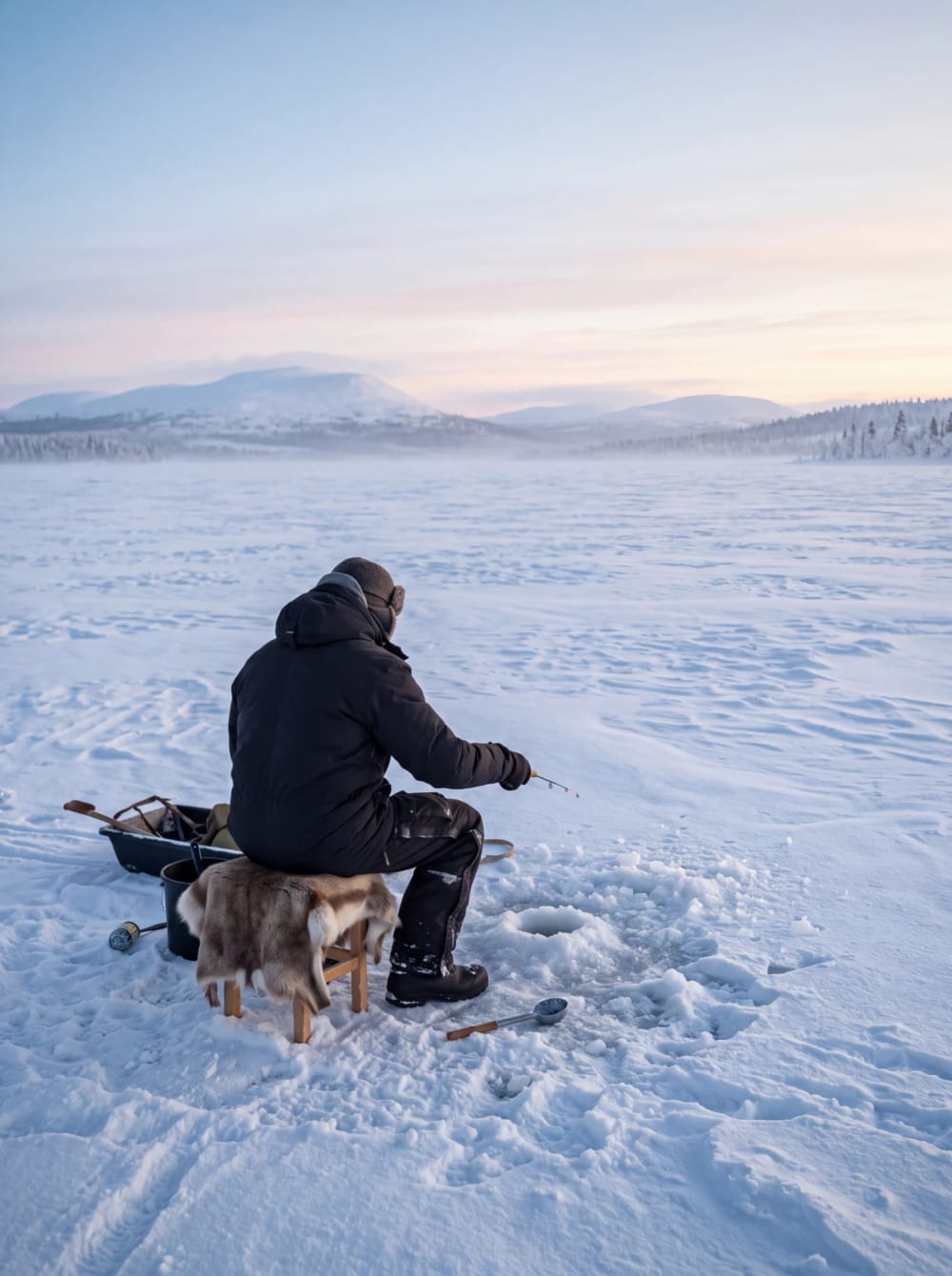 Ice fishing on a frozen lake beneath pastel polar light