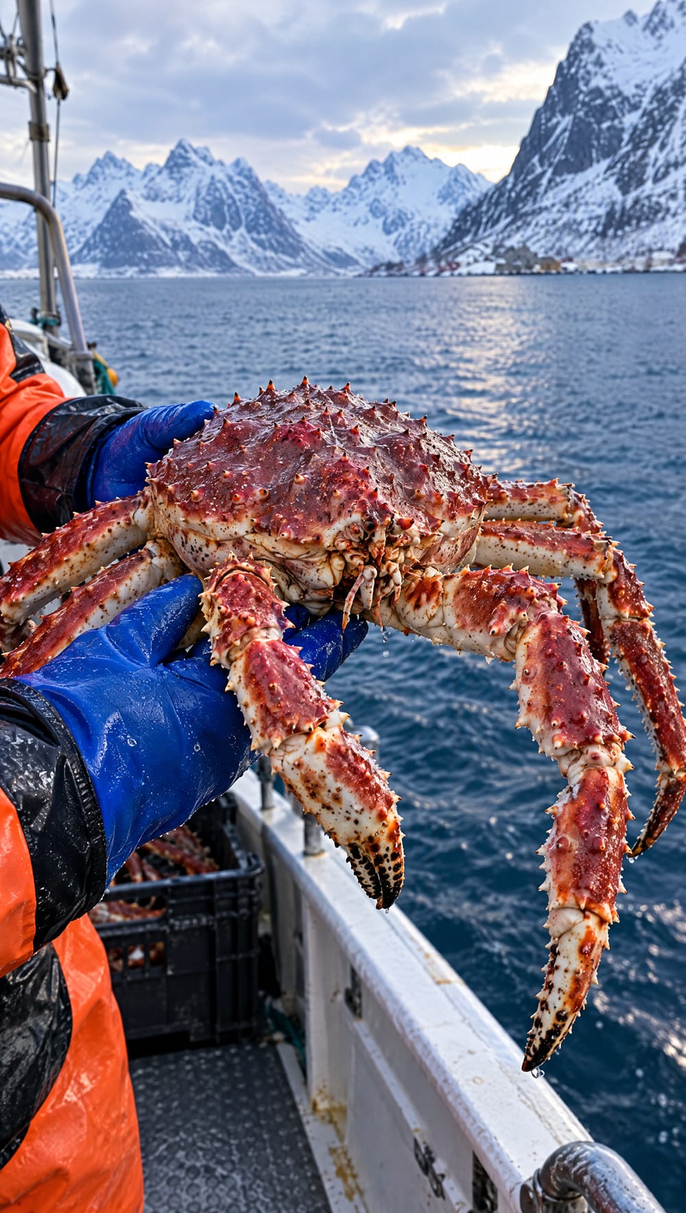 A red king crab held aboard a boat on the Arctic Ocean