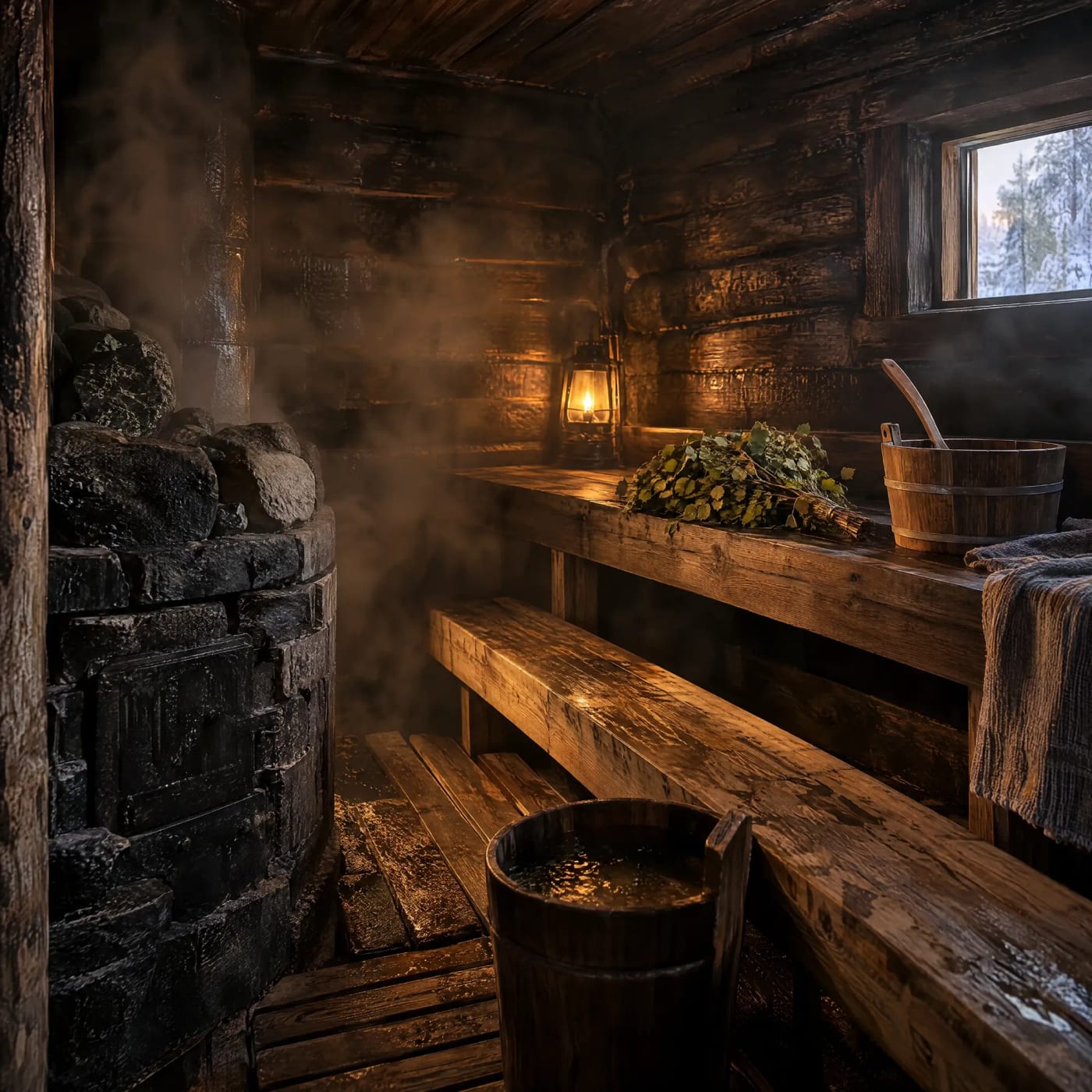 Traditional Finnish smoke sauna in the snow